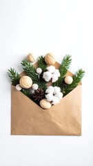 Holiday Greetings - Envelope with Cotton, Pine, and Wooden Balls.