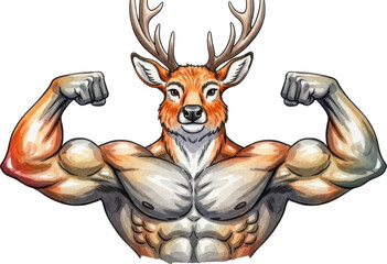 a muscular deer flexing its arms on transparent background