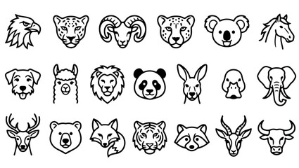 Fototapeta premium Stylized Animal Head Line Art Icon Set, animal icons, animal heads, line art, black and white, stylized animals, eagle, panther, ram, cheetah, koala, horse, dog, llama, lion, panda, kangaroo, duck,