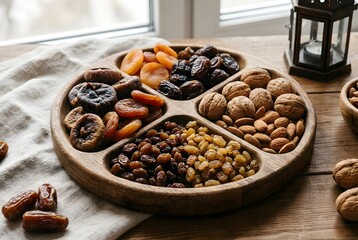 Assorted dried fruits and nuts platter with figs apricots and walnuts