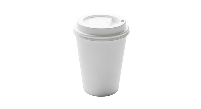 Simple white paper coffee cup with lid for takeaway hot drinks isolated on transparent background