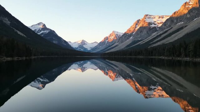 Tranquil mountain lake scene reflecting snow capped peaks at sunset