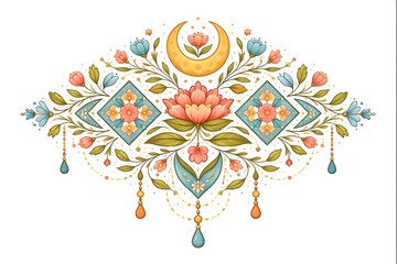 Symmetrisches florales Ornament mit Blumen, Bl&auml;ttern und Mondsichel in dekorativem Illustrationsstil, freigestellt auf wei&szlig;em Hintergrund.