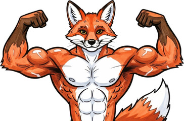 a muscular fox cartoon character flexing its arms on transparent background
