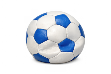 Deflated blue and white soccer ball lying on the ground, representing a game ending or a sports failure