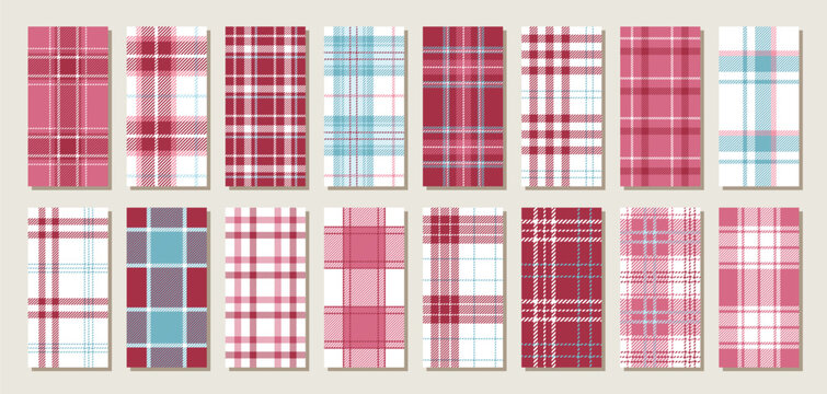 Check background. Plaid seamless pattern. Set girly gingham prints. Tartan shirt cloth. Pink blue flannel textures. Geometric checkered backdrops. Vichy lumberjack tablecloth. Vector illustration