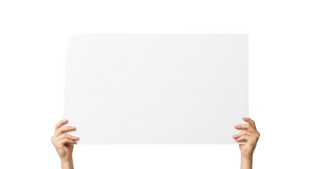 Woman holding blank white paper or poster for promotional messages isolated on transparent background