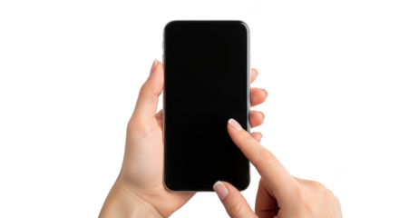 Womans hand gently tapping on a modern smartphone with blank screen for app or website mockup isolated on transparent background