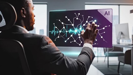 Business professional interacts with artificial intelligence interface displaying network connections and data analytics on digital screen. Technology concept represents ai innovation, machine - Powered by Adobe