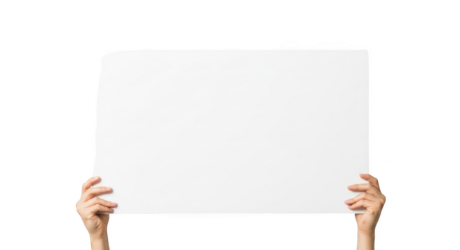 Woman holding blank white paper or poster for promotional messages isolated on transparent background - Powered by Adobe