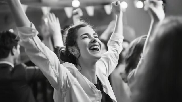 Video A woman with her arms raised in a moment of pure delight