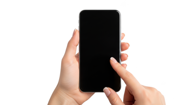 Womans hand gently tapping on a modern smartphone with blank screen for app or website mockup isolated on transparent background - Powered by Adobe