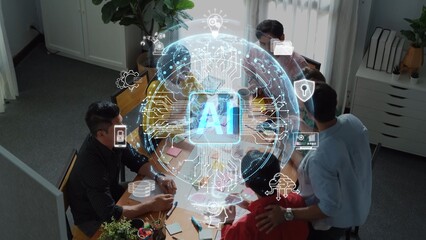 A dynamic business meeting focused on artificial intelligence technology showcases team collaboration and innovation in a modern office setting, emphasizing creativity and strategic planning. Raster