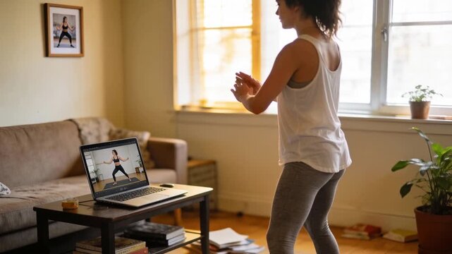 young woman following an online workout at home using a laptop. Small apartment, yoga mat, casual clothing, natural window light, relatable home fitness routine