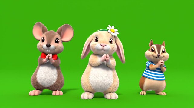 Dancing Cartoon Animals in Playful Row with Red Bow Tie, White Flower, and Blue-Striped Shirt