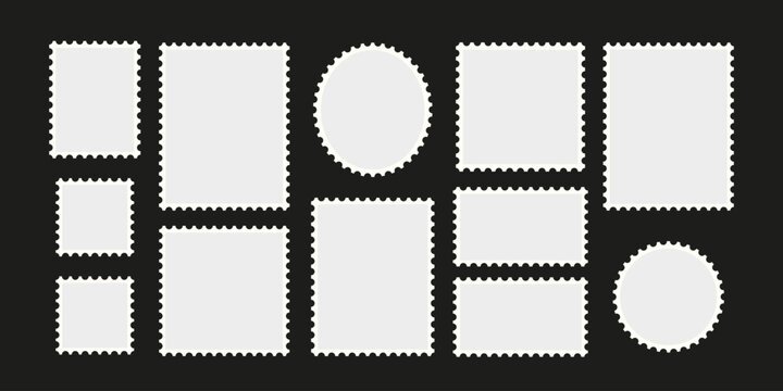 Blank postage stamp template set with different shapes. Vector frames for postal design, labels, badges, scrapbooking, branding and mockups.