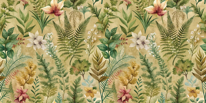 Vibrant botanical wallpaper featuring a variety of floral and fern patterns in earthy tones.