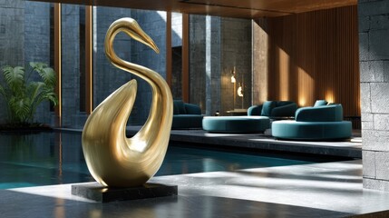 A gold sculpture of a swan is displayed in a room with a pool and a couch