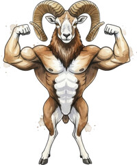 a muscular ram with large horns posing on transparent background