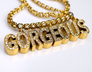 Golden Pendant with Diamonds Forming the Word Gorgeous