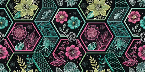 Vibrant floral hexagonal pattern with intricate designs in shades of pink, green, and blue on a black background.