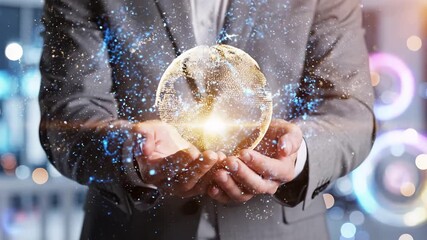 Business professional holds glowing digital globe with sparkling particles in modern office environment. Global network concept represents international connectivity, worldwide communication - Powered by Adobe