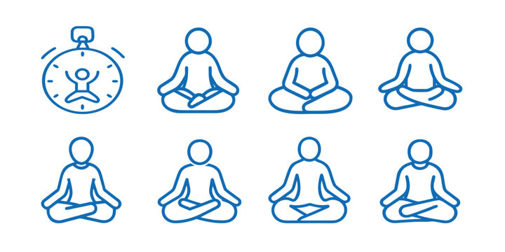 Yoga line icon featuring meditation pose, mindfulness exercise, zen wellness, spiritual healing, and more 8 vector set illustration with editable stroke.