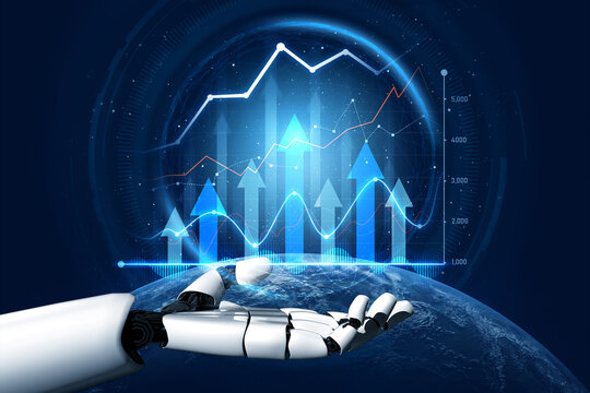 A futuristic robotic hand showcases vibrant graphs and digital analytics to represent technological growth and data insights on a global scale. Scalp - Powered by Adobe