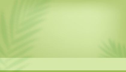 Green Background,Summer Banner with Palm Leaves shadow,Light on Wall Studio.Minimalist Product Display with Tropical Leaf Shadows silhouette on green studio background for Organic Cosmetic,Beauty,Spa