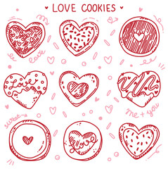 cute set of heart cookies. hand drawn illustration for Valentine's day