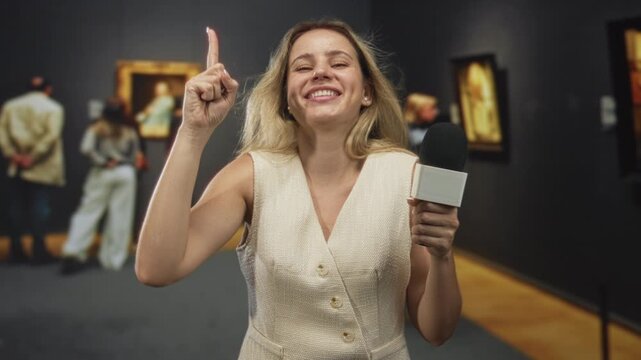Woman holding microphone points finger upward in building gallery near paintings; joyful live report.