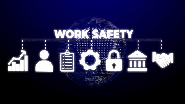 Work safety web banner icons Vector illustration concept with icons keywords of occupational safety and health at work with safety first, protection, regulations, hazards, health