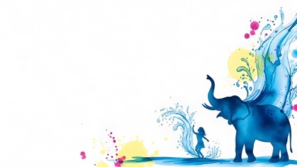 Watercolor illustration of a blue elephant and a girl splashing water, celebrating Songkran Thai New Year festival, artistic background with copy space for cultural greeting cards and posters.