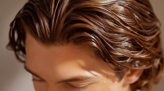 An analytical derma view showcases the essence entering the hair follicle, emphasizing the interconnected systems of skin and hair and the importance of hydration for overall hair health. cinematic