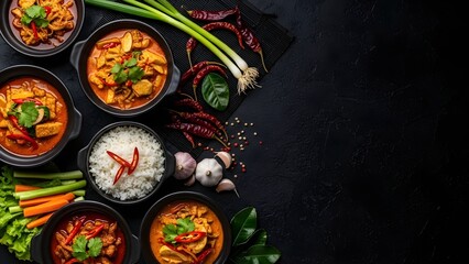 Assorted Thai Curry Dishes and Steamed Jasmine Rice with Fresh Ingredients, Songkran New Year Celebration Feast, Traditional Asian Food Background for Culinary Content