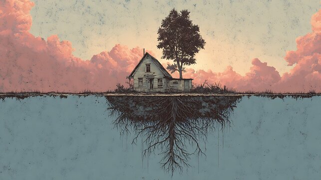 Eerie Surrealism: A Solitary Dilapidated House and Tree with Visible Roots Beneath the Surface