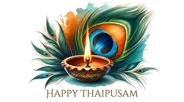 Happy thaipusam greeting card featuring watercolor peacock feathers and lit oil lamp symbolizing lord murugan festival celebration on isolated white background