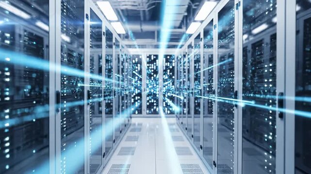 Modern datacenter server room with network infrastructure, storage racks and digital data visualization. Technology concept of cloud computing, information systems, database management and enterprise