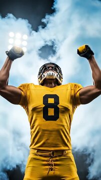Excited Male Football Player Celebrating Touchdown in Bright Yellow Uniform Under Stadium Lights