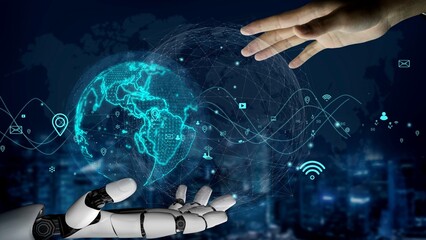 Engaging visual representation of a human hand reaching towards a robotic hand, symbolizing collaboration and connectivity in an advanced technological landscape. Xenic