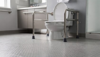 Medium shot featuring nonslip flooring and a raised toilet with grab bars the rest of the bathroom softly blurred to emphasize secure and safe design.