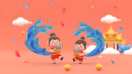 Two cute 3D cartoon characters splashing water from bowls during Songkran Festival Thai New Year celebration, festive background with temple and confetti for holiday illustrations.