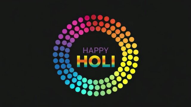 Vibrant holi celebration with colorful dots and text on black background