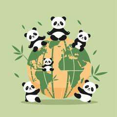 Pandas Sitting on Globe Illustration Art.