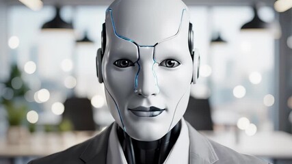 Business professional with digital circuit overlay on face represents artificial intelligence and technology integration. Neural network pattern illustrates machine learning concept, futuristic - Powered by Adobe