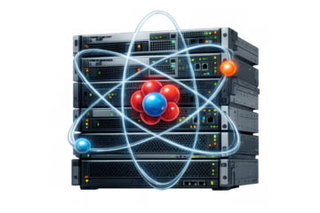 Quantum computing server racks featuring an abstract atomic model, symbolizing advanced technology and scientific innovation