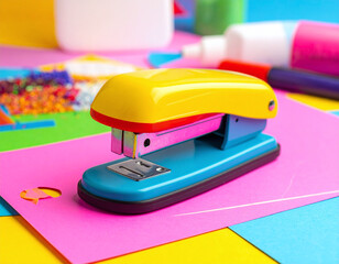 Brightly colored stapler on vibrant craft paper background. Ideal for education, DIY, and office themes. This playful shot captures creativity, organization, and back to school supplies.