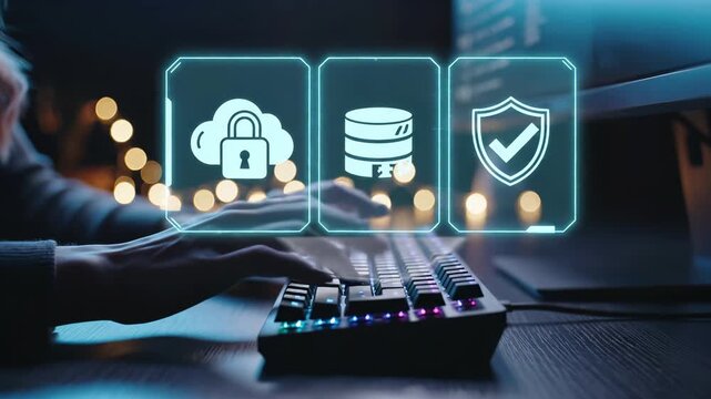 Professional works on keyboard with holographic cybersecurity icons displaying cloud lock, database and shield symbols. Digital security concept represents data protection, encryption technology