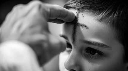Child receiving ash cross on forehead during Ash Wednesday service