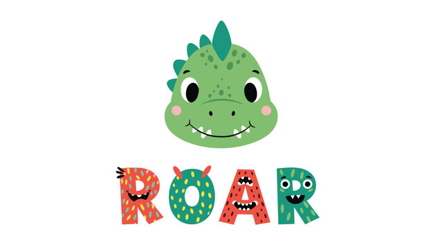 Playful illustration of a friendly green dinosaur head with the word roar written in colorful monster-themed letters below.